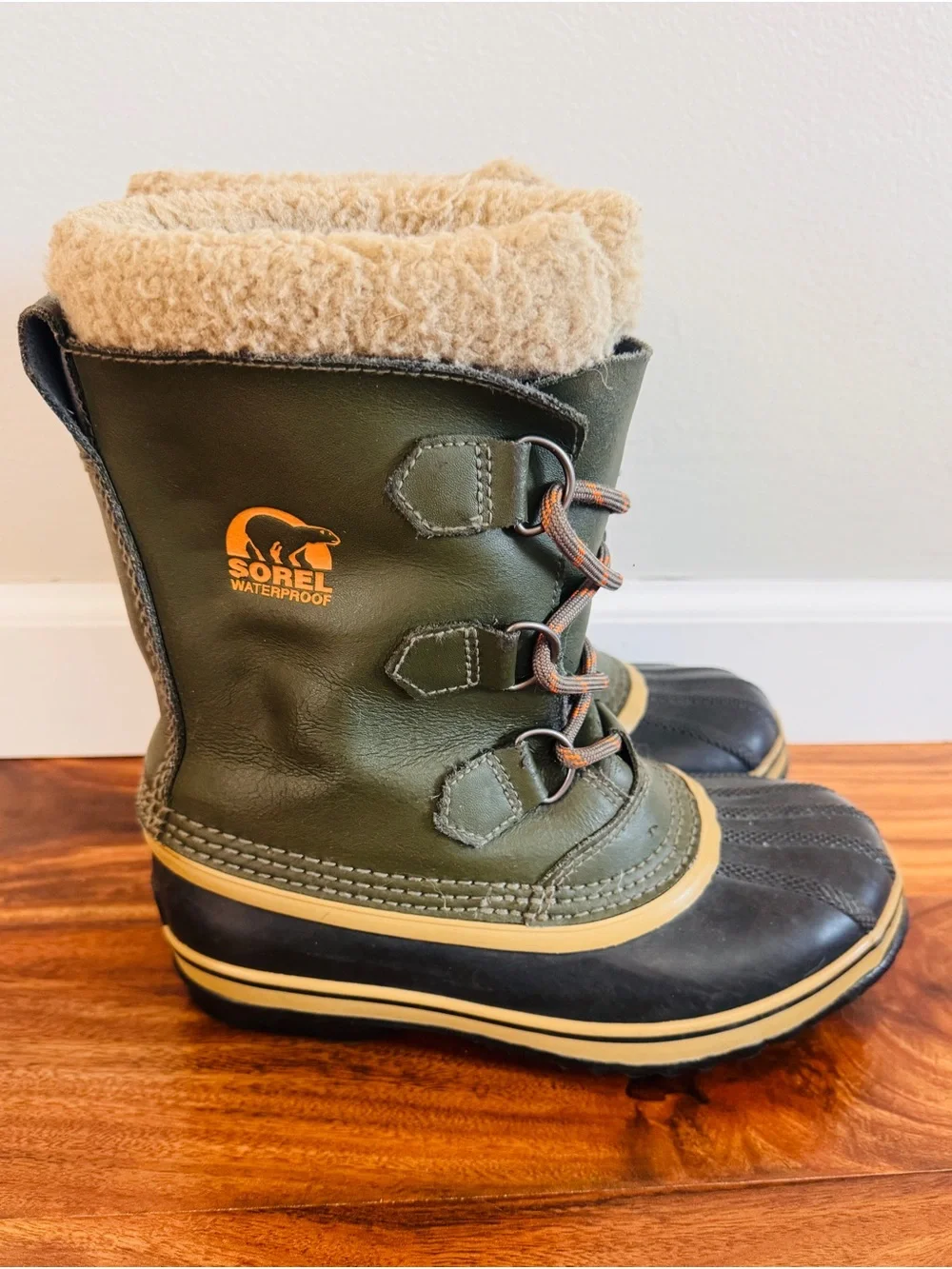 Sorel Kids Olive Green and Black Waterproof Winter Boots with Faux Fur Collar